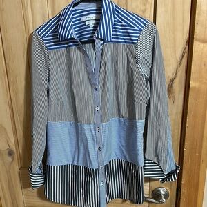 FOXCROFT Wrinkle Free Royal Blue and White Striped Button-Up Shirt